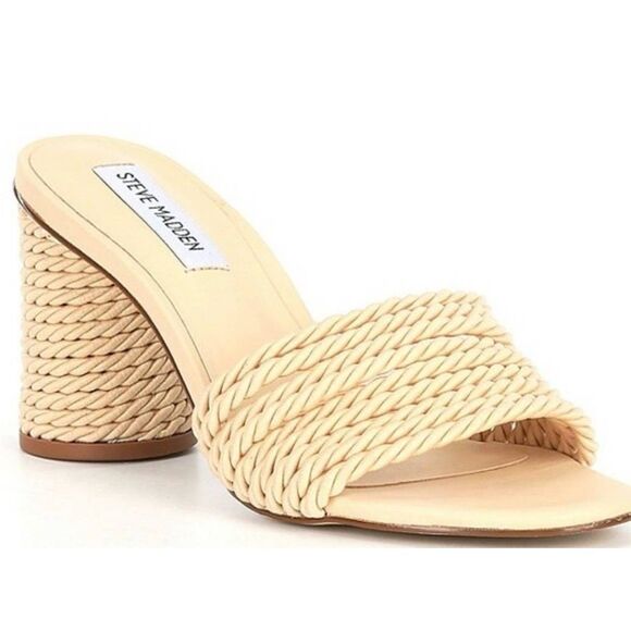 Steve Madden Jolina Block Heel Cream Slip On Open Toe Sandals Size 8 - Picture 1 of 7